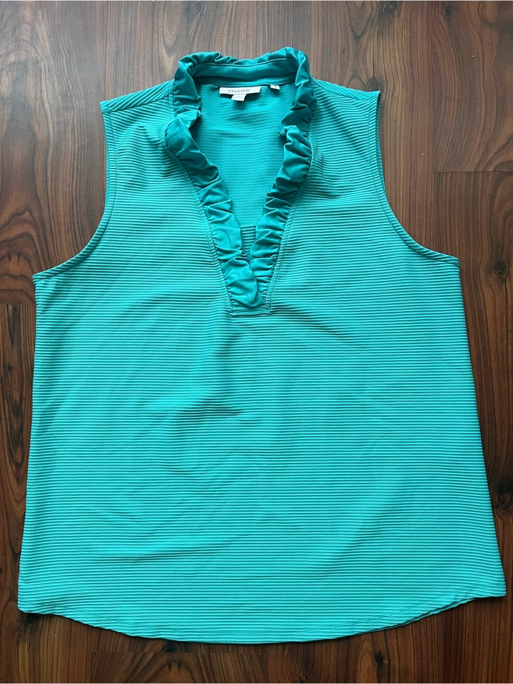 Chico's Teal Ruffle V-Neck Sleeveless Tank